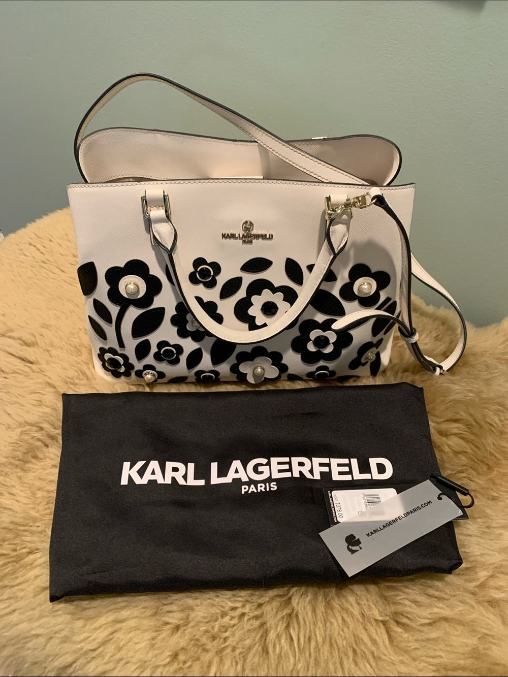 Karl Lagerfeld Creamy White and Black Floral Tote with Pearl&Black Stone Accents
